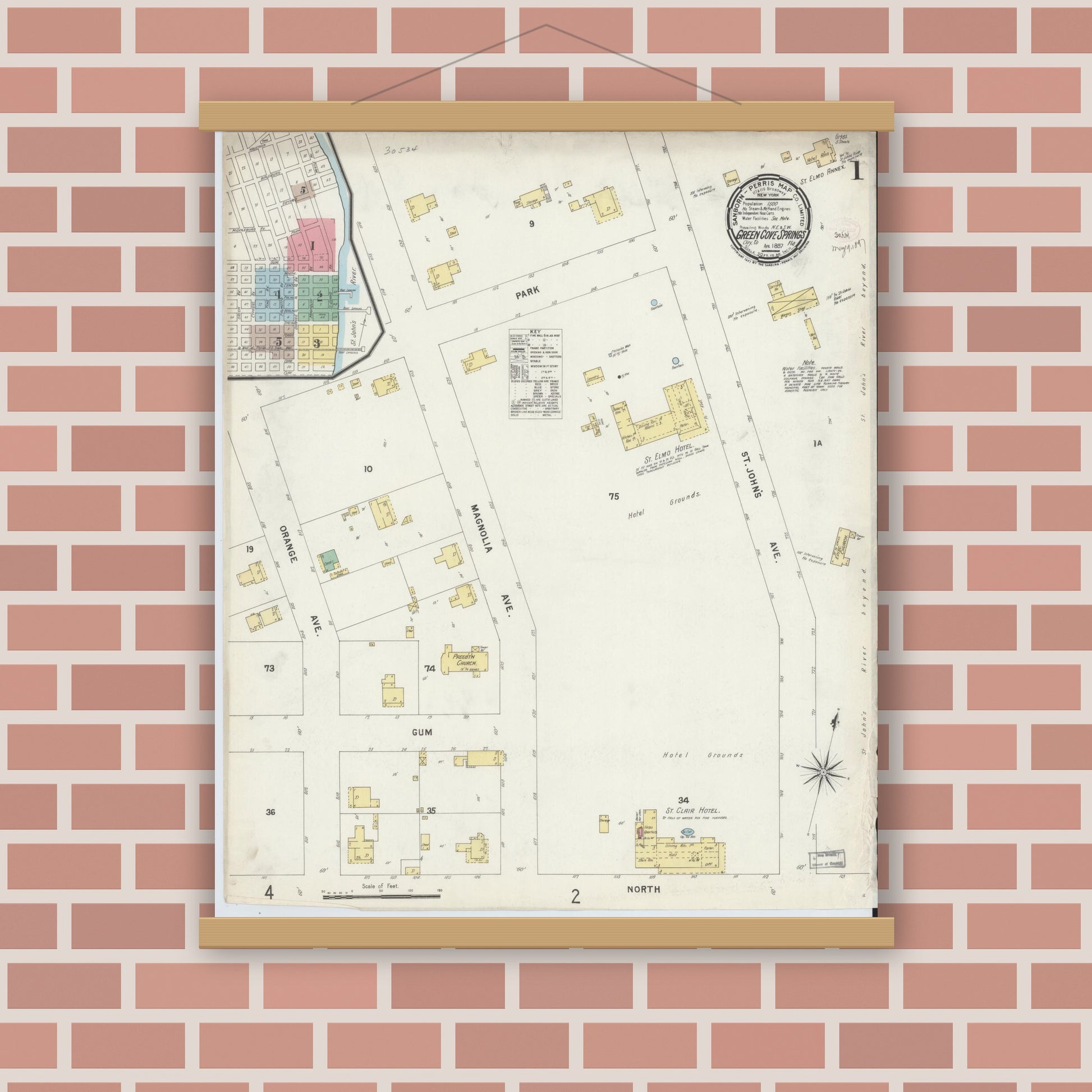 Old map wall art mockup — magnetic wood frame on brick wall — Sanborn Fire Insurance Map from Green Cove Springs, Clay County, Florida (1897) - Complete Map Set
