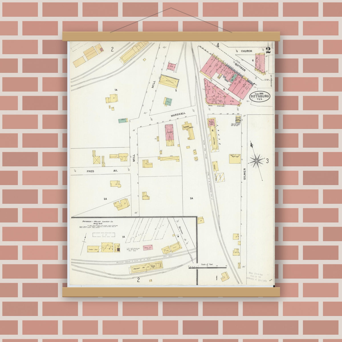 Old map wall art mockup — magnetic wood frame on brick wall — Sanborn Fire Insurance Map from Pittsburg, Camp County, Texas (1906), Sheet #0002