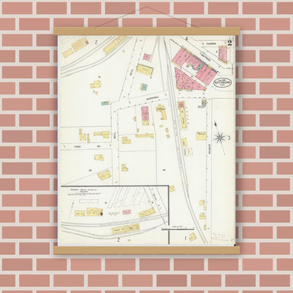 Old map wall art mockup — magnetic wood frame on brick wall — Sanborn Fire Insurance Map from Pittsburg, Camp County, Texas (1906), Sheet #0002