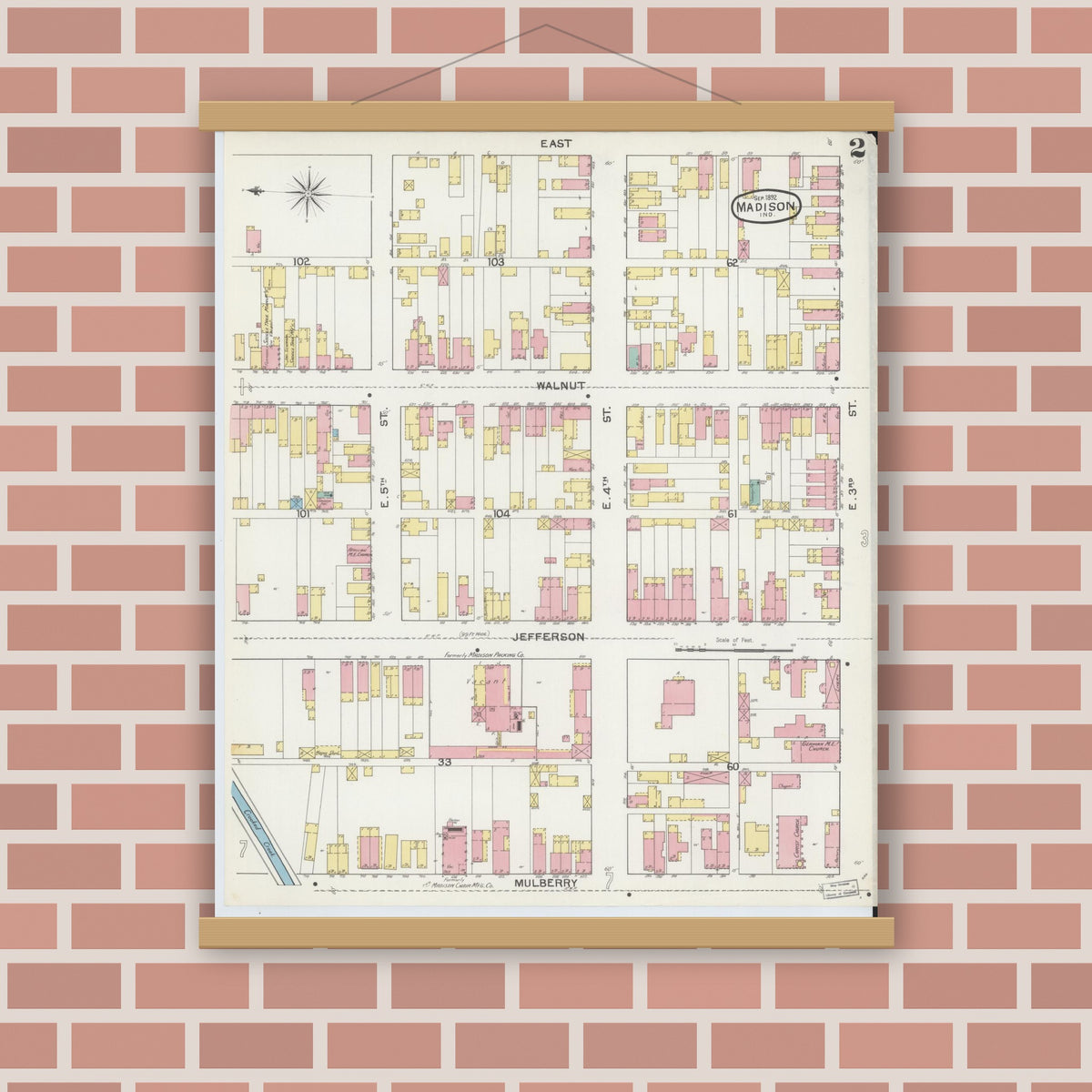 Old map wall art mockup — magnetic wood frame on brick wall — Sanborn Fire Insurance Map from Madison, Jefferson County, Indiana (1892), Sheet #0002