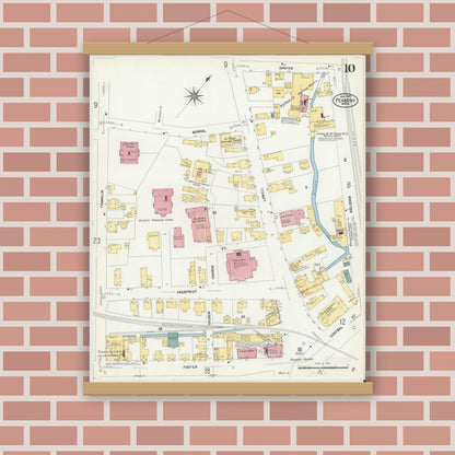 Old map wall art mockup — magnetic wood frame on brick wall — Sanborn Fire Insurance Map from Peabody, Essex County, Massachusetts (1907), Sheet #0010