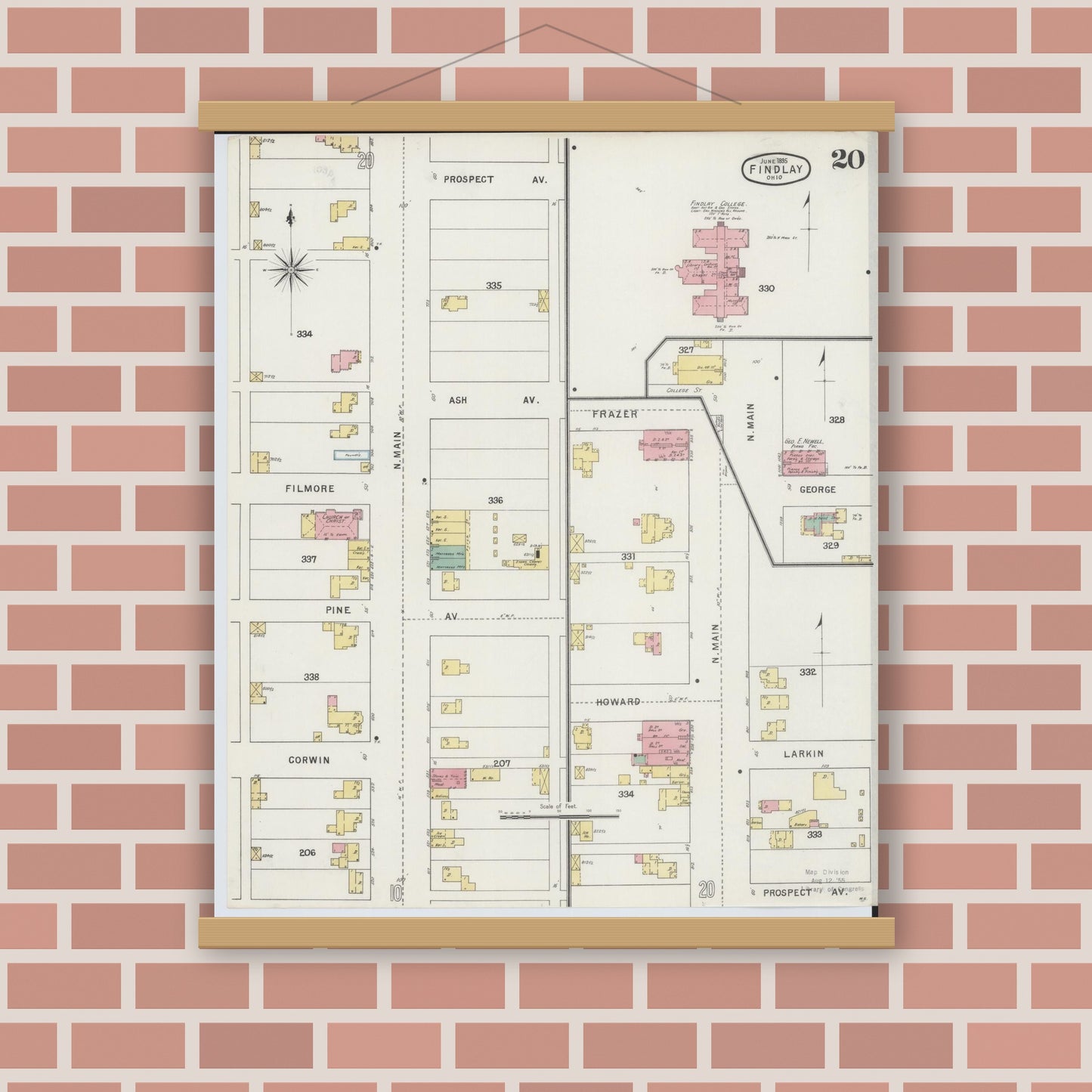 Old map wall art mockup — magnetic wood frame on brick wall — Sanborn Fire Insurance Map from Findlay, Hancock County, Ohio (1895), Sheet #0020