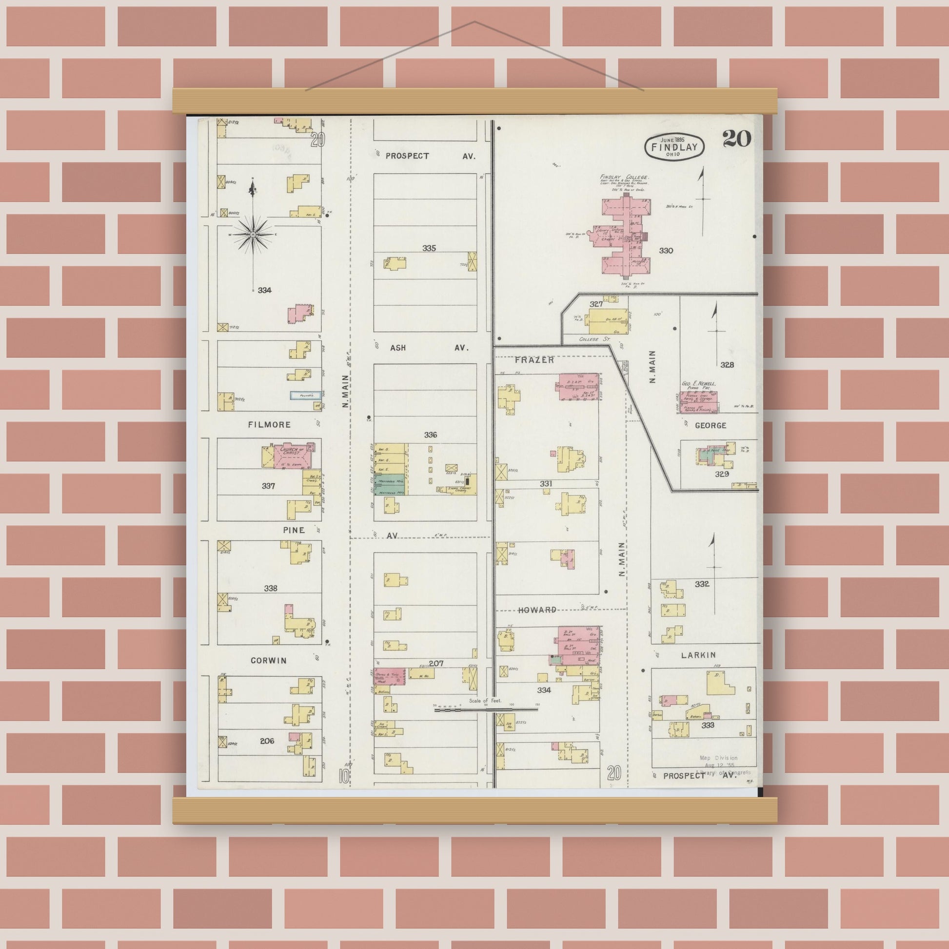 Old map wall art mockup — magnetic wood frame on brick wall — Sanborn Fire Insurance Map from Findlay, Hancock County, Ohio (1895), Sheet #0020