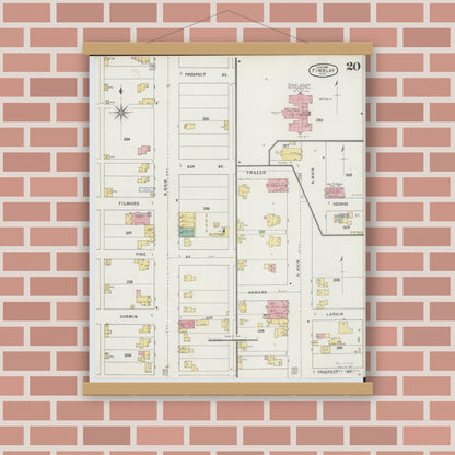 Old map wall art mockup — magnetic wood frame on brick wall — Sanborn Fire Insurance Map from Findlay, Hancock County, Ohio (1895), Sheet #0020