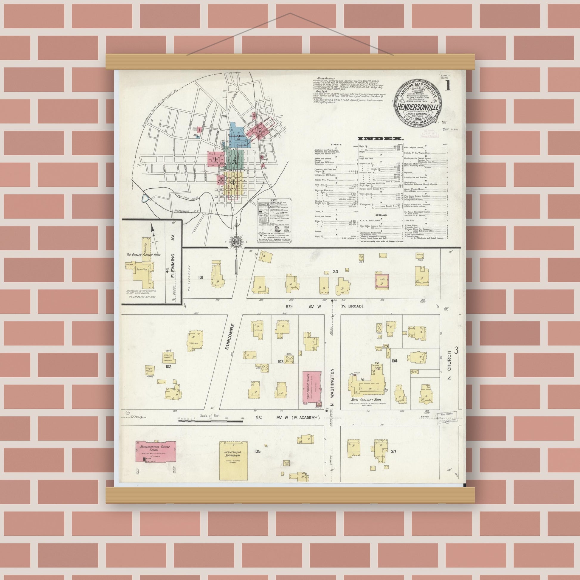 Old map wall art mockup — magnetic wood frame on brick wall — Sanborn Fire Insurance Map from Hendersonville, Henderson County, North Carolina (1912) - Complete Map Set