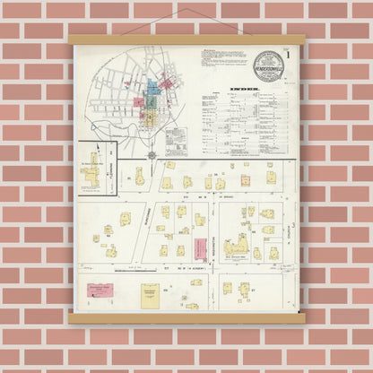 Old map wall art mockup — magnetic wood frame on brick wall — Sanborn Fire Insurance Map from Hendersonville, Henderson County, North Carolina (1912) - Complete Map Set