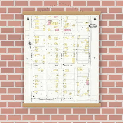 Old map wall art mockup — magnetic wood frame on brick wall — Sanborn Fire Insurance Map from Centralia, Marion, Clinton, Jefferson, and Washington Counties, Illinois (1924), Sheet #0008