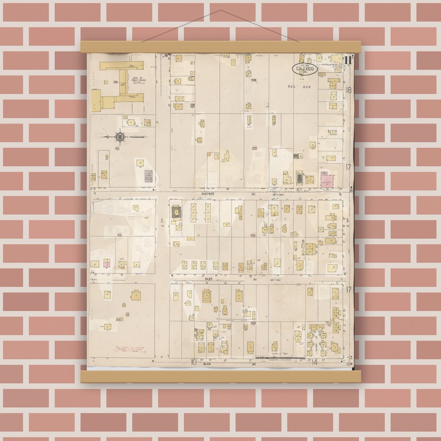 Old map wall art mockup — magnetic wood frame on brick wall — Sanborn Fire Insurance Map from Calexico, Imperial County, California (1949), Sheet #0011