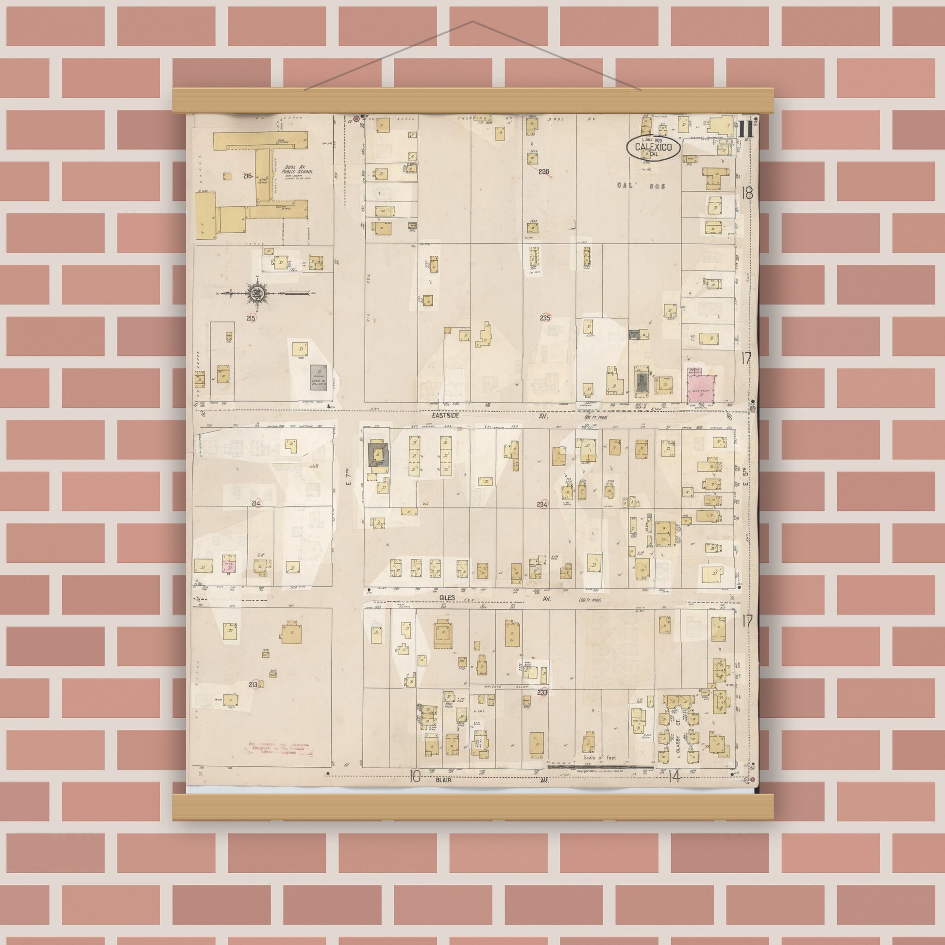 Old map wall art mockup — magnetic wood frame on brick wall — Sanborn Fire Insurance Map from Calexico, Imperial County, California (1949), Sheet #0011
