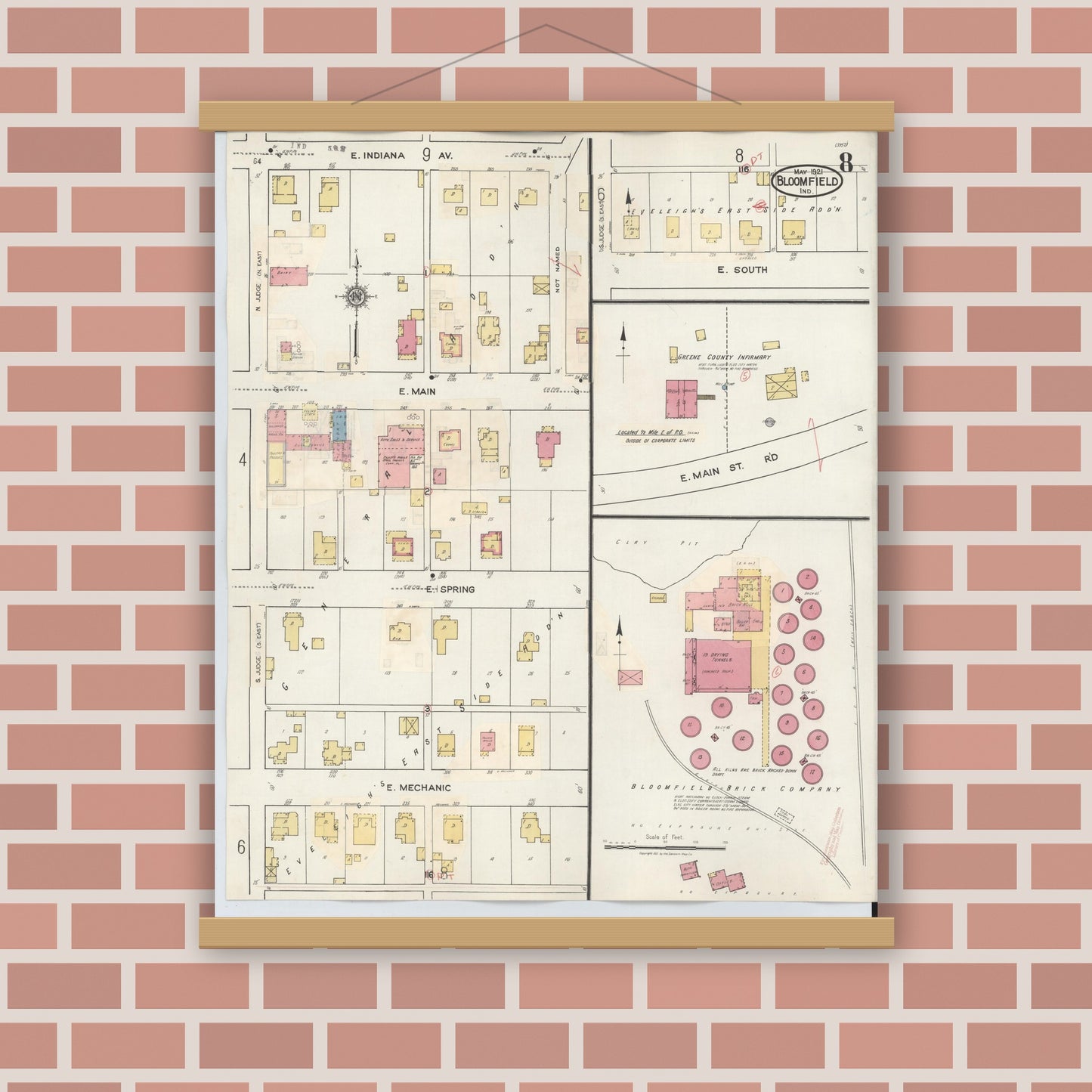 Old map wall art mockup — magnetic wood frame on brick wall — Sanborn Fire Insurance Map from Bloomfield, Greene County, Indiana (1940), Sheet #0008
