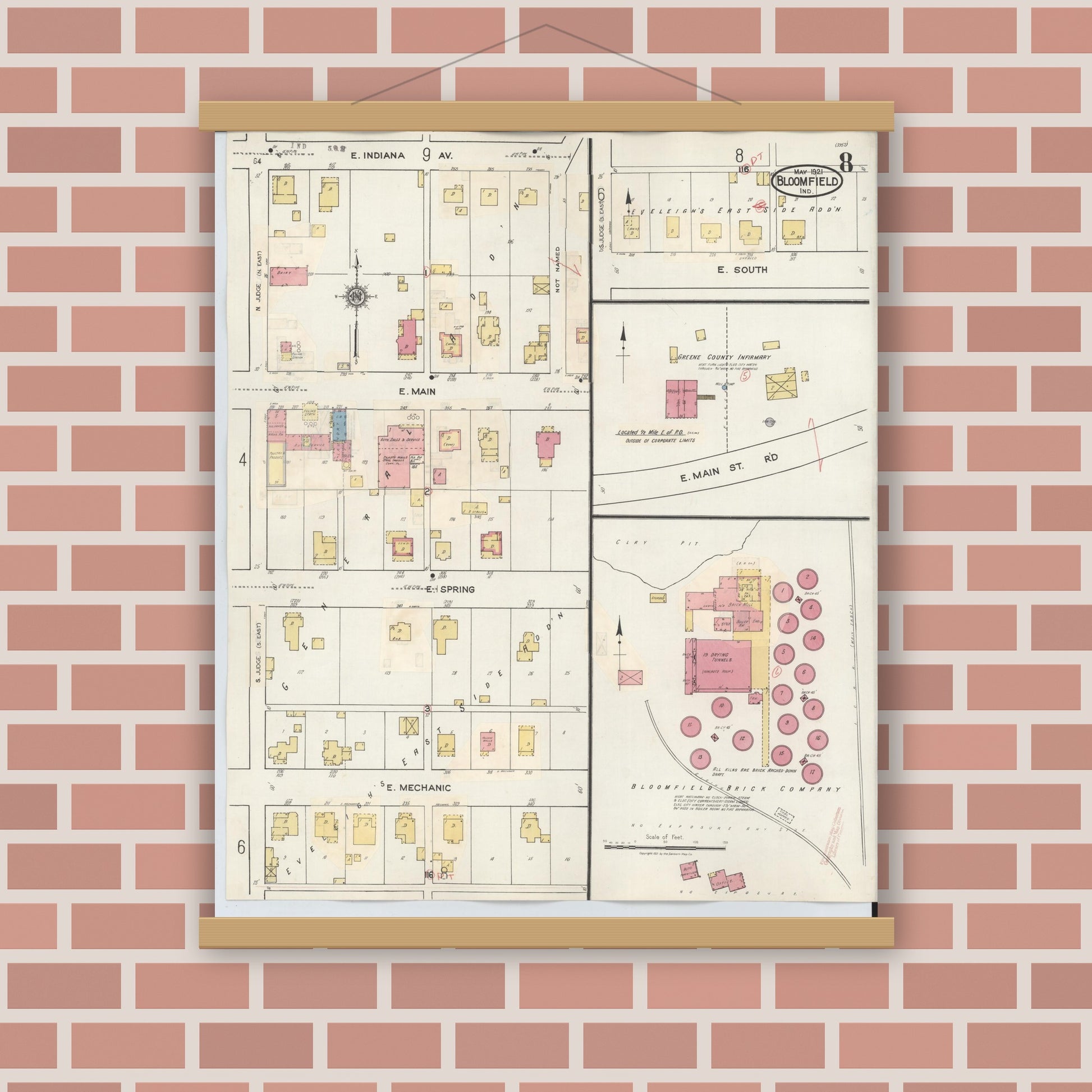Old map wall art mockup — magnetic wood frame on brick wall — Sanborn Fire Insurance Map from Bloomfield, Greene County, Indiana (1940), Sheet #0008