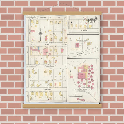 Old map wall art mockup — magnetic wood frame on brick wall — Sanborn Fire Insurance Map from Bloomfield, Greene County, Indiana (1940), Sheet #0008