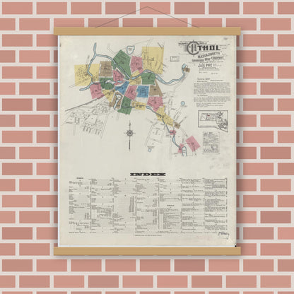 Old map wall art mockup — magnetic wood frame on brick wall — Sanborn Fire Insurance Map from Athol, Worcester County, Massachusetts (1917), Sheet #0001