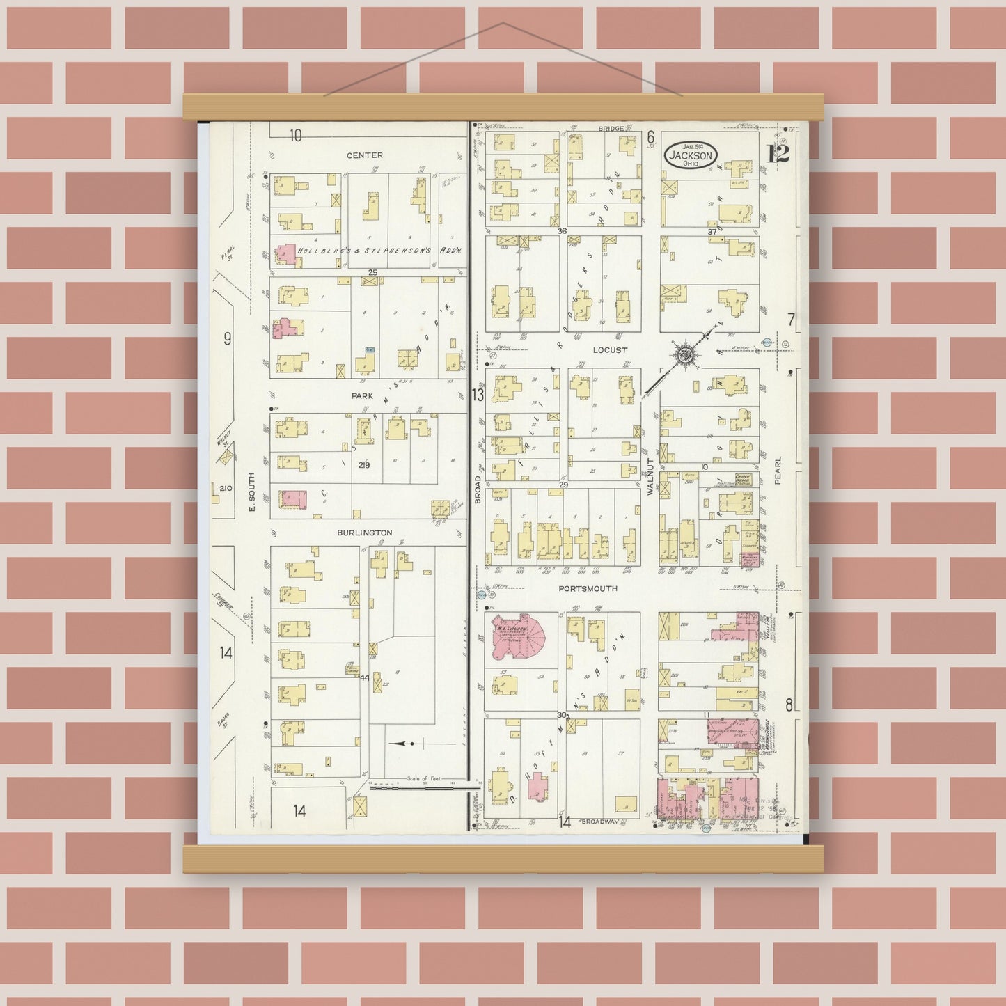 Old map wall art mockup — magnetic wood frame on brick wall — Sanborn Fire Insurance Map from Jackson, Jackson County, Ohio (1914), Sheet #0012