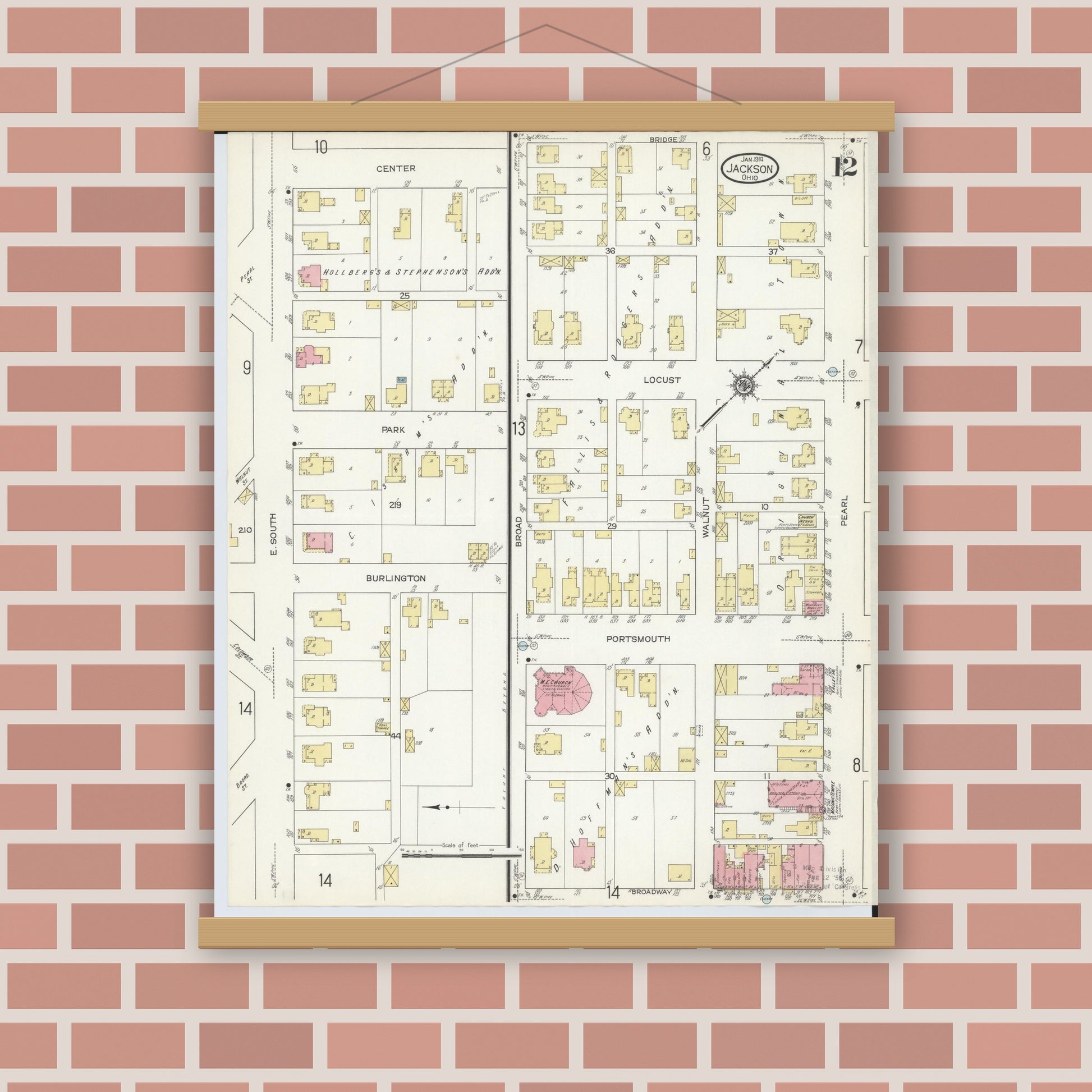 Old map wall art mockup — magnetic wood frame on brick wall — Sanborn Fire Insurance Map from Jackson, Jackson County, Ohio (1914), Sheet #0012