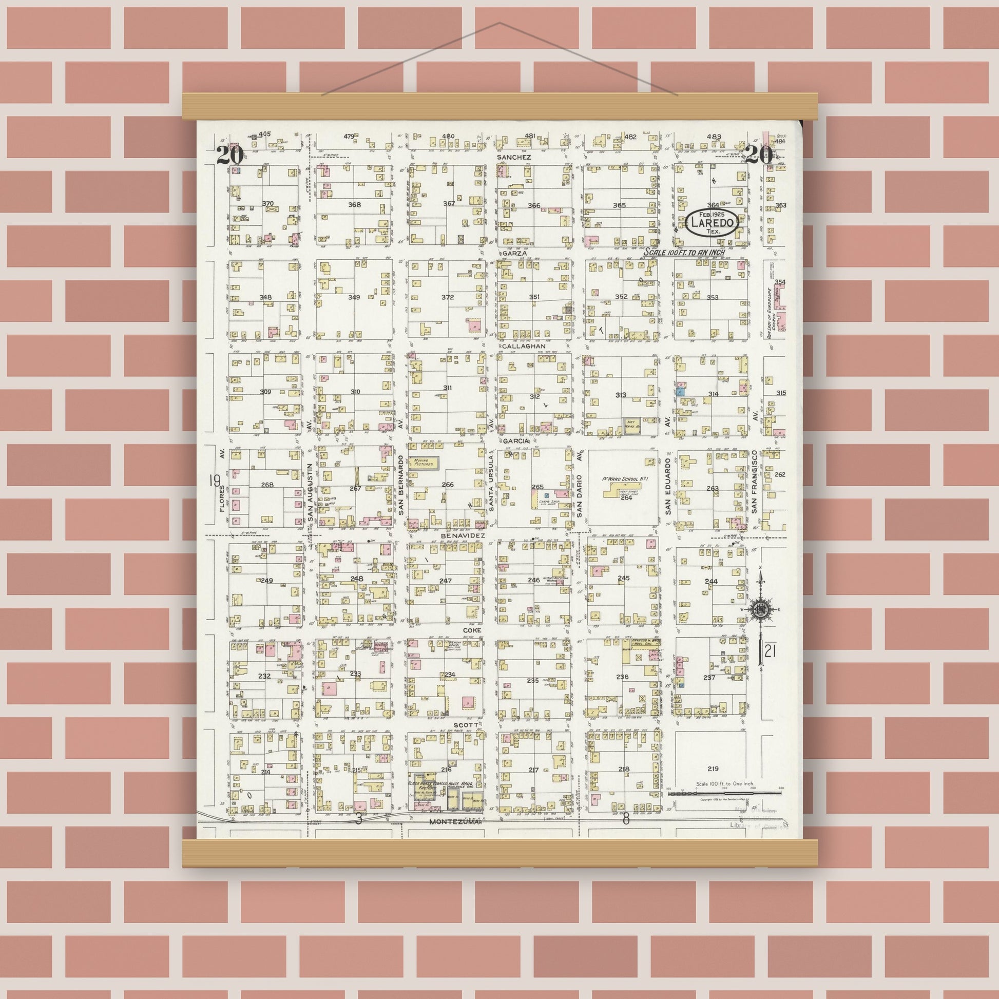 Old map wall art mockup — magnetic wood frame on brick wall — Sanborn Fire Insurance Map from Laredo, Webb County, Texas (1925), Sheet #0020