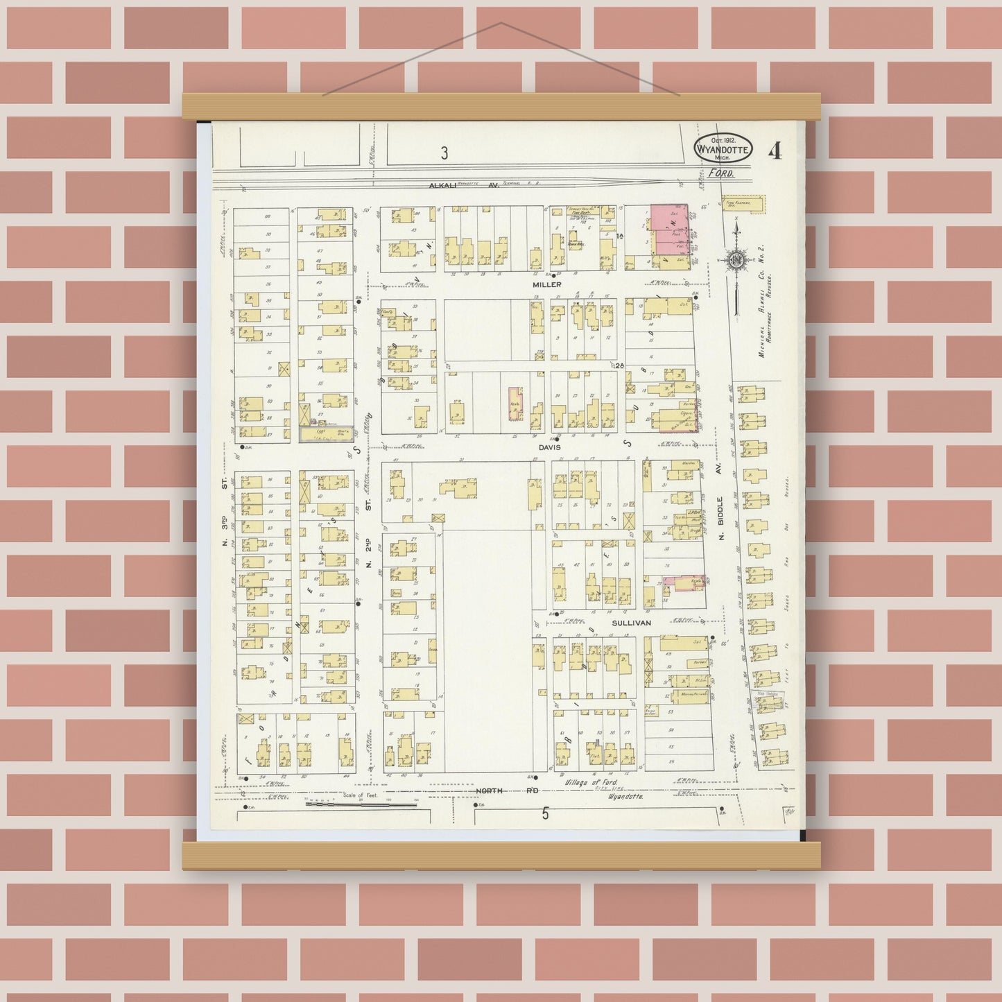 Old map wall art mockup — magnetic wood frame on brick wall — Sanborn Fire Insurance Map from Wyandotte, Wayne County, Michigan (1912), Sheet #0004