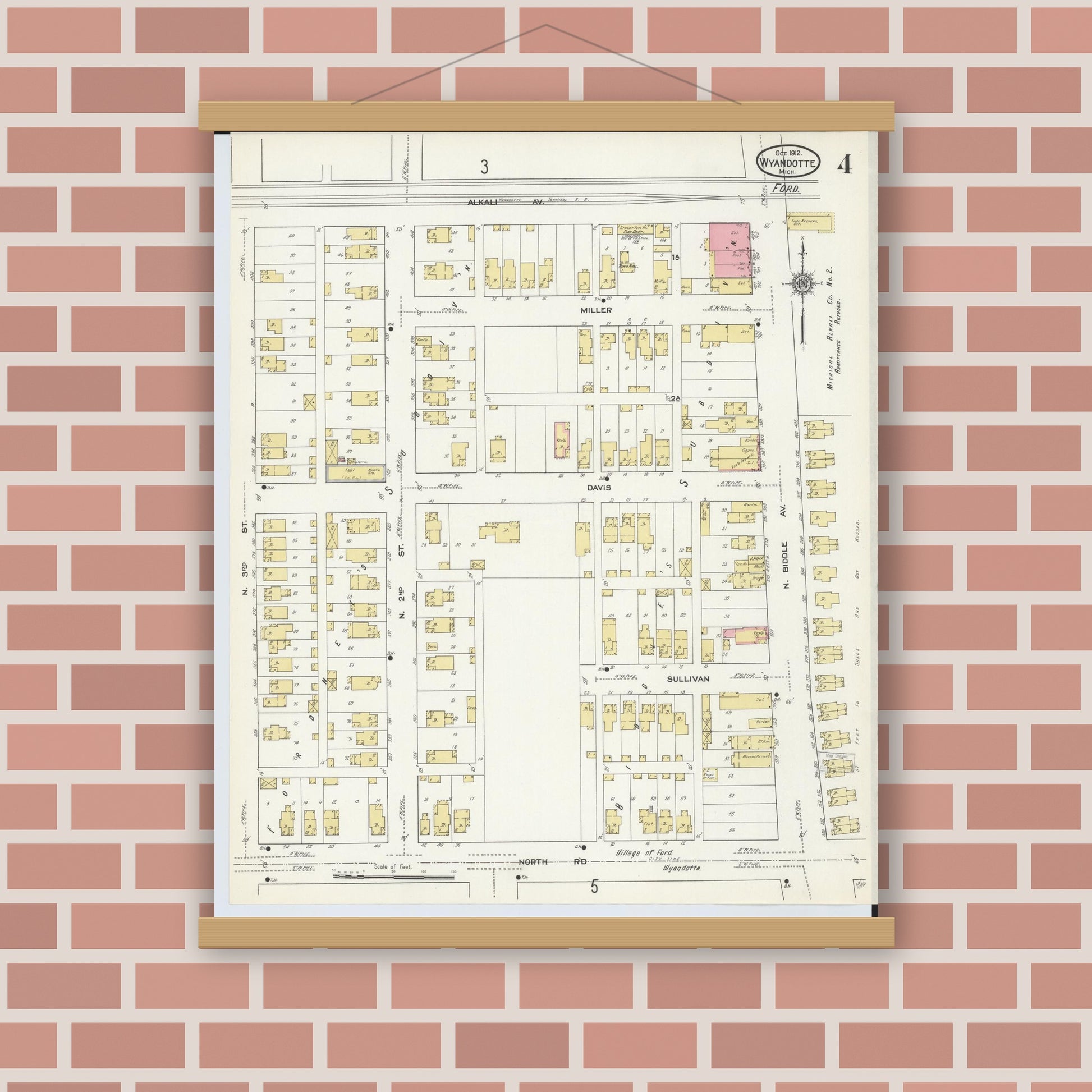 Old map wall art mockup — magnetic wood frame on brick wall — Sanborn Fire Insurance Map from Wyandotte, Wayne County, Michigan (1912), Sheet #0004