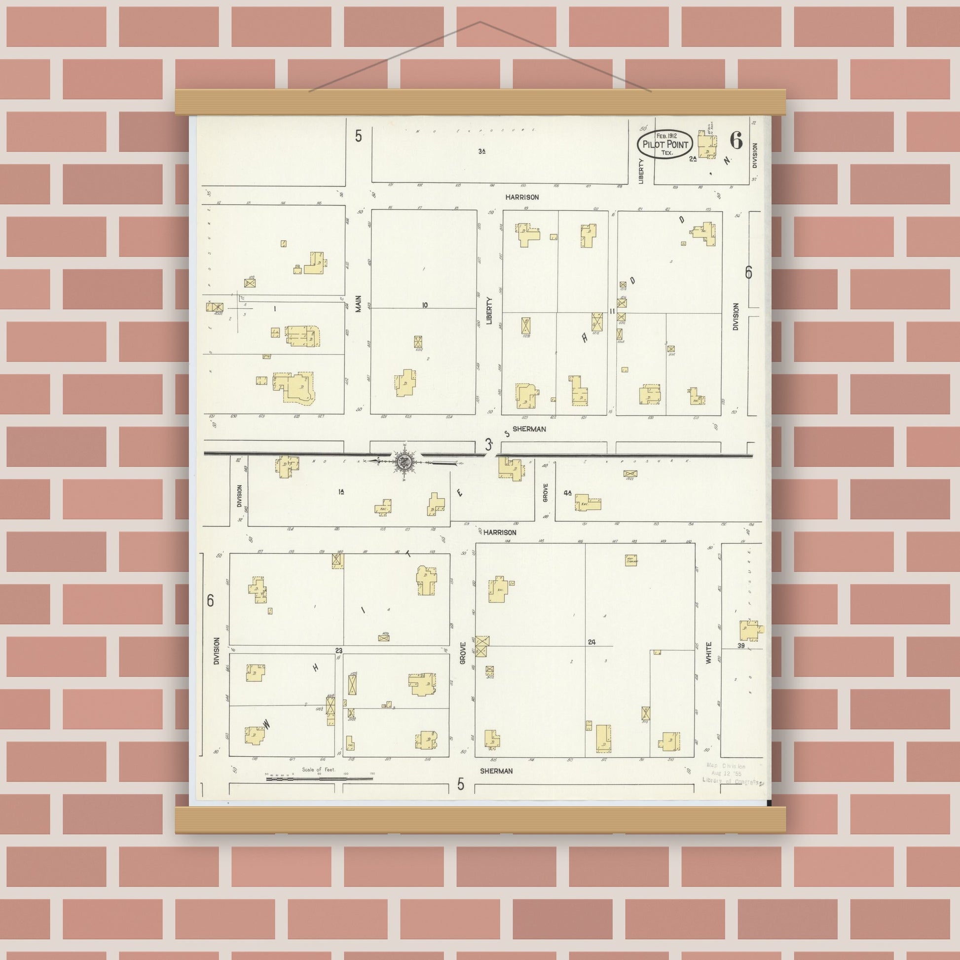 Old map wall art mockup — magnetic wood frame on brick wall — Sanborn Fire Insurance Map from Pilot Point, Denton County, Texas (1912), Sheet #0006