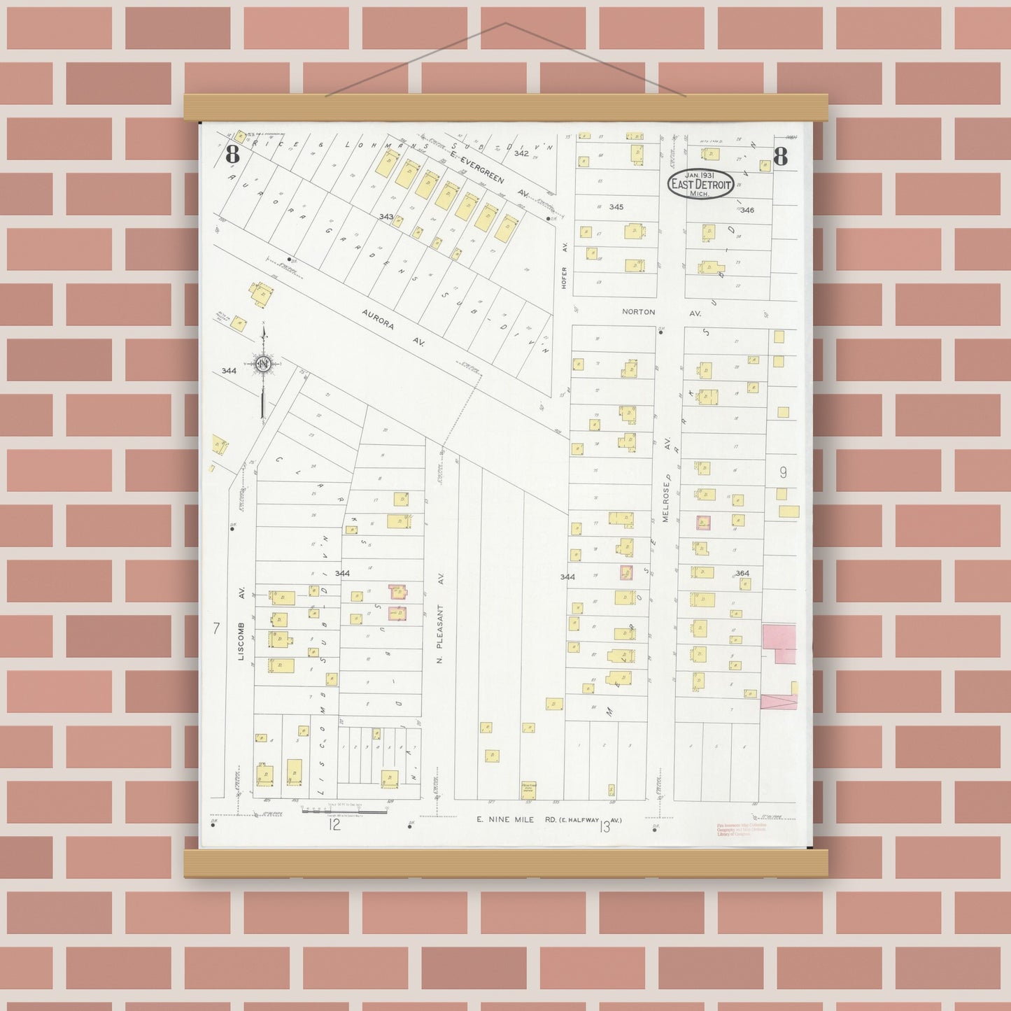 Old map wall art mockup — magnetic wood frame on brick wall — Sanborn Fire Insurance Map from East Detroit, Macomb County, Michigan (1931), Sheet #0008