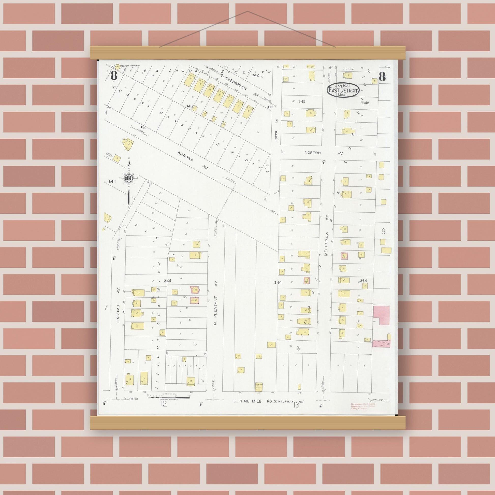 Old map wall art mockup — magnetic wood frame on brick wall — Sanborn Fire Insurance Map from East Detroit, Macomb County, Michigan (1931), Sheet #0008