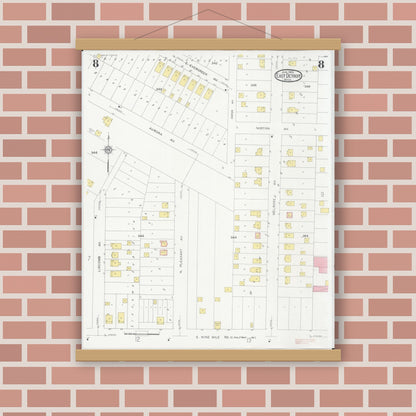 Old map wall art mockup — magnetic wood frame on brick wall — Sanborn Fire Insurance Map from East Detroit, Macomb County, Michigan (1931), Sheet #0008