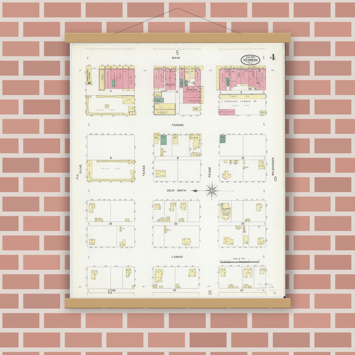 Old map wall art mockup — magnetic wood frame on brick wall — Sanborn Fire Insurance Map from Vernon, Wilbarger County, Texas (1907), Sheet #0004