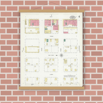 Old map wall art mockup — magnetic wood frame on brick wall — Sanborn Fire Insurance Map from Vernon, Wilbarger County, Texas (1907), Sheet #0004