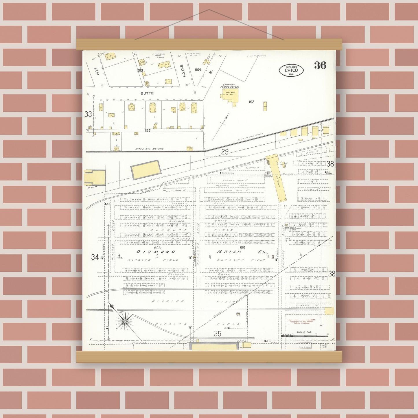 Old map wall art mockup — magnetic wood frame on brick wall — Sanborn Fire Insurance Map from Chico, Butte County, California (1909), Sheet #0036