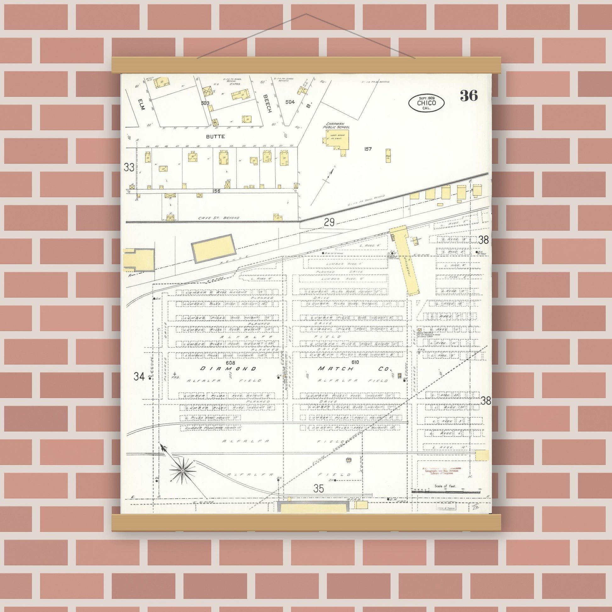 Old map wall art mockup — magnetic wood frame on brick wall — Sanborn Fire Insurance Map from Chico, Butte County, California (1909), Sheet #0036