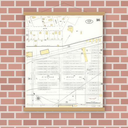 Old map wall art mockup — magnetic wood frame on brick wall — Sanborn Fire Insurance Map from Chico, Butte County, California (1909), Sheet #0036