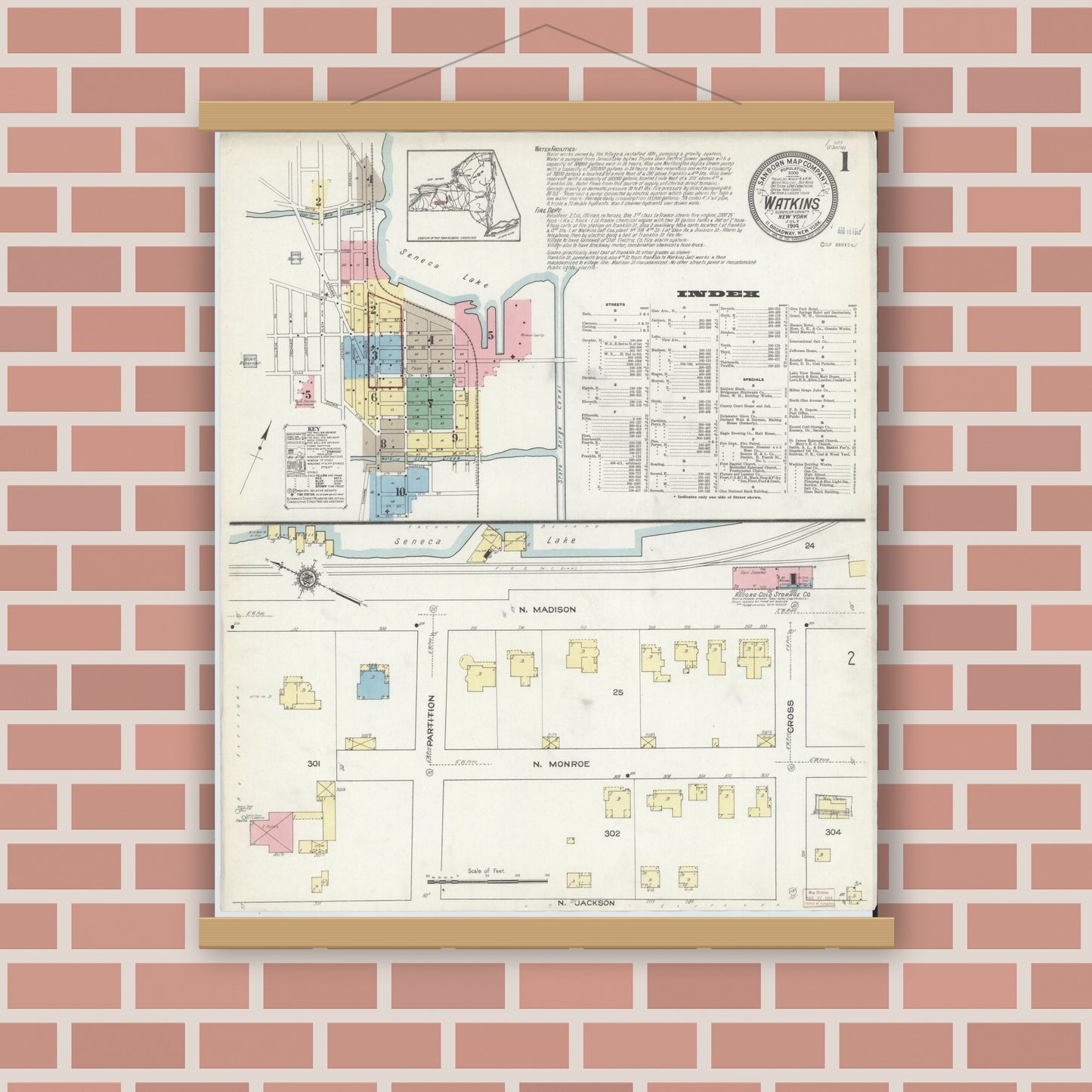 Old map wall art mockup — magnetic wood frame on brick wall — Sanborn Fire Insurance Map from Watkins Glen, Schuyler County, New York (1914), Sheet #0001