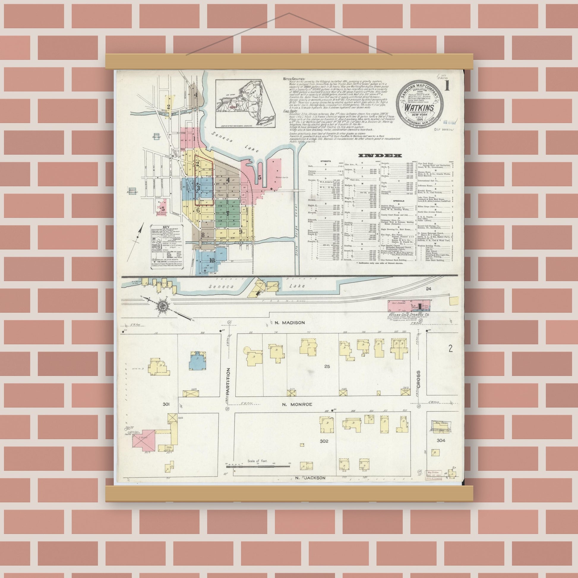 Old map wall art mockup — magnetic wood frame on brick wall — Sanborn Fire Insurance Map from Watkins Glen, Schuyler County, New York (1914), Sheet #0001