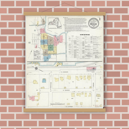 Old map wall art mockup — magnetic wood frame on brick wall — Sanborn Fire Insurance Map from Watkins Glen, Schuyler County, New York (1914), Sheet #0001