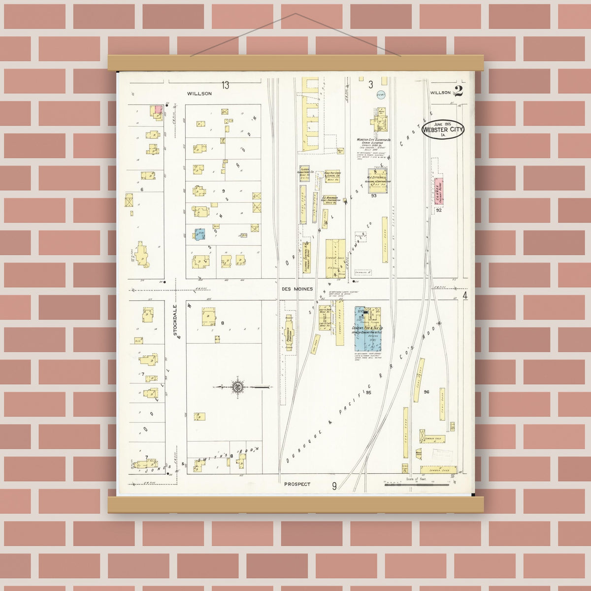 Old map wall art mockup — magnetic wood frame on brick wall — Sanborn Fire Insurance Map from Webster City, Hamilton County, Iowa (1915), Sheet #0002