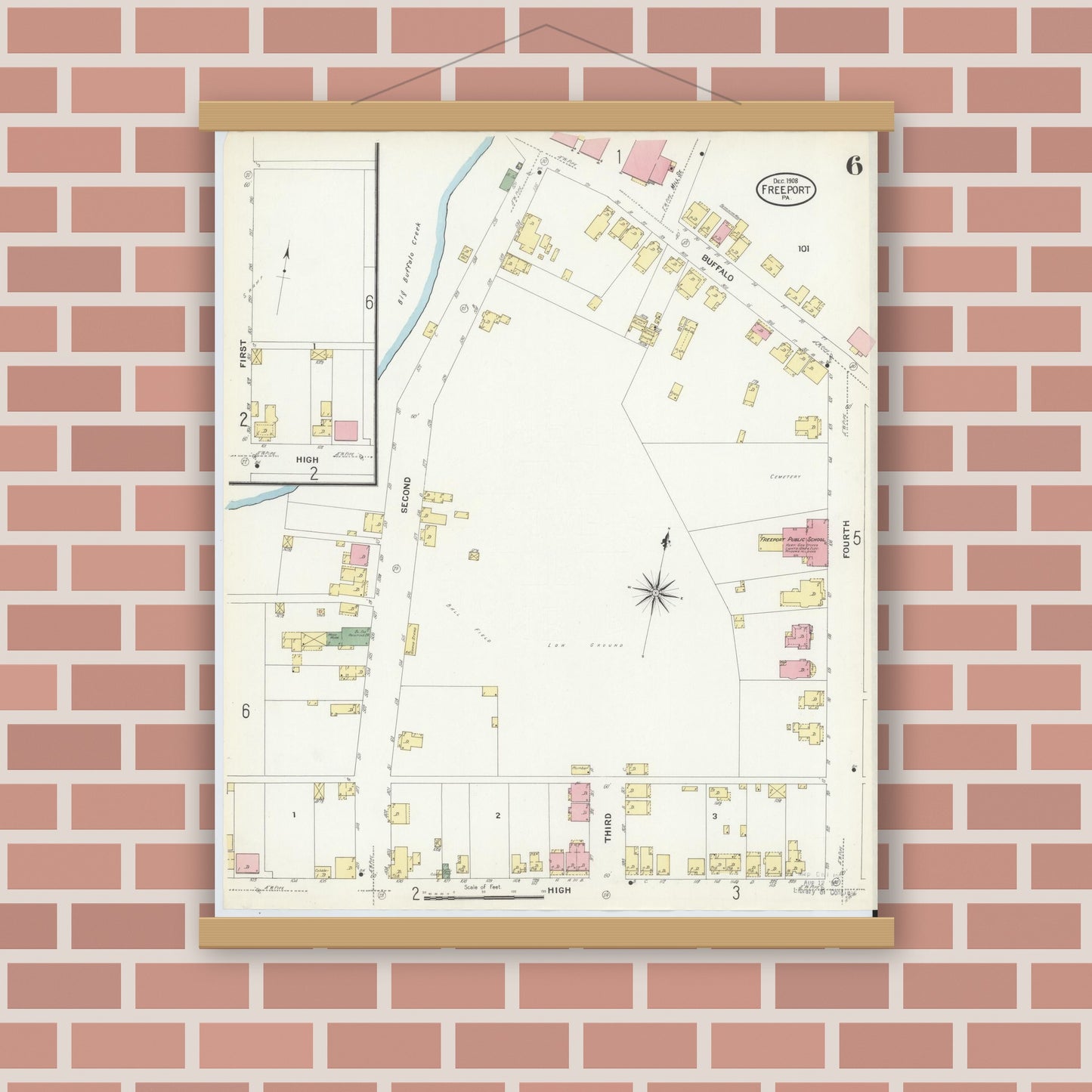 Old map wall art mockup — magnetic wood frame on brick wall — Sanborn Fire Insurance Map from Freeport, Armstrong County, Pennsylvania (1908), Sheet #0006