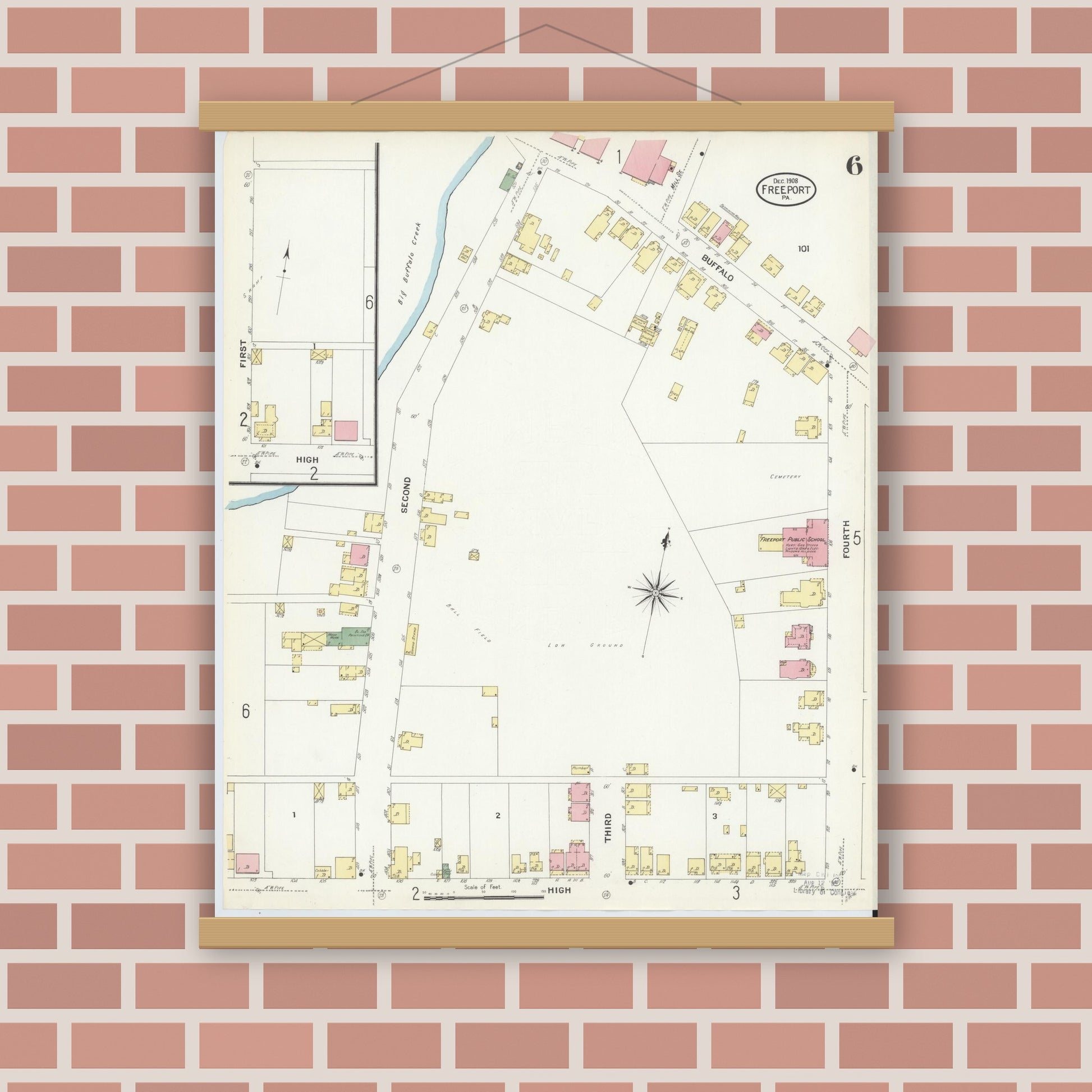 Old map wall art mockup — magnetic wood frame on brick wall — Sanborn Fire Insurance Map from Freeport, Armstrong County, Pennsylvania (1908), Sheet #0006