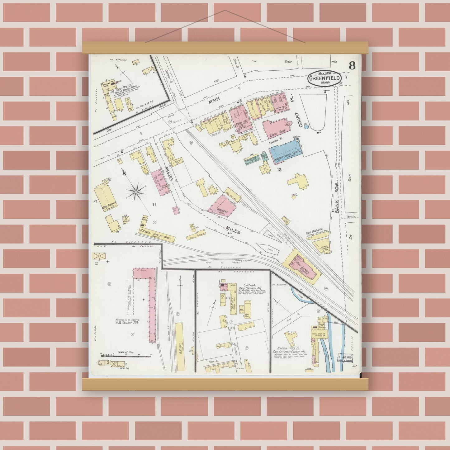 Old map wall art mockup — magnetic wood frame on brick wall — Sanborn Fire Insurance Map from Greenfield, Franklin County, Massachusetts (1892), Sheet #0008