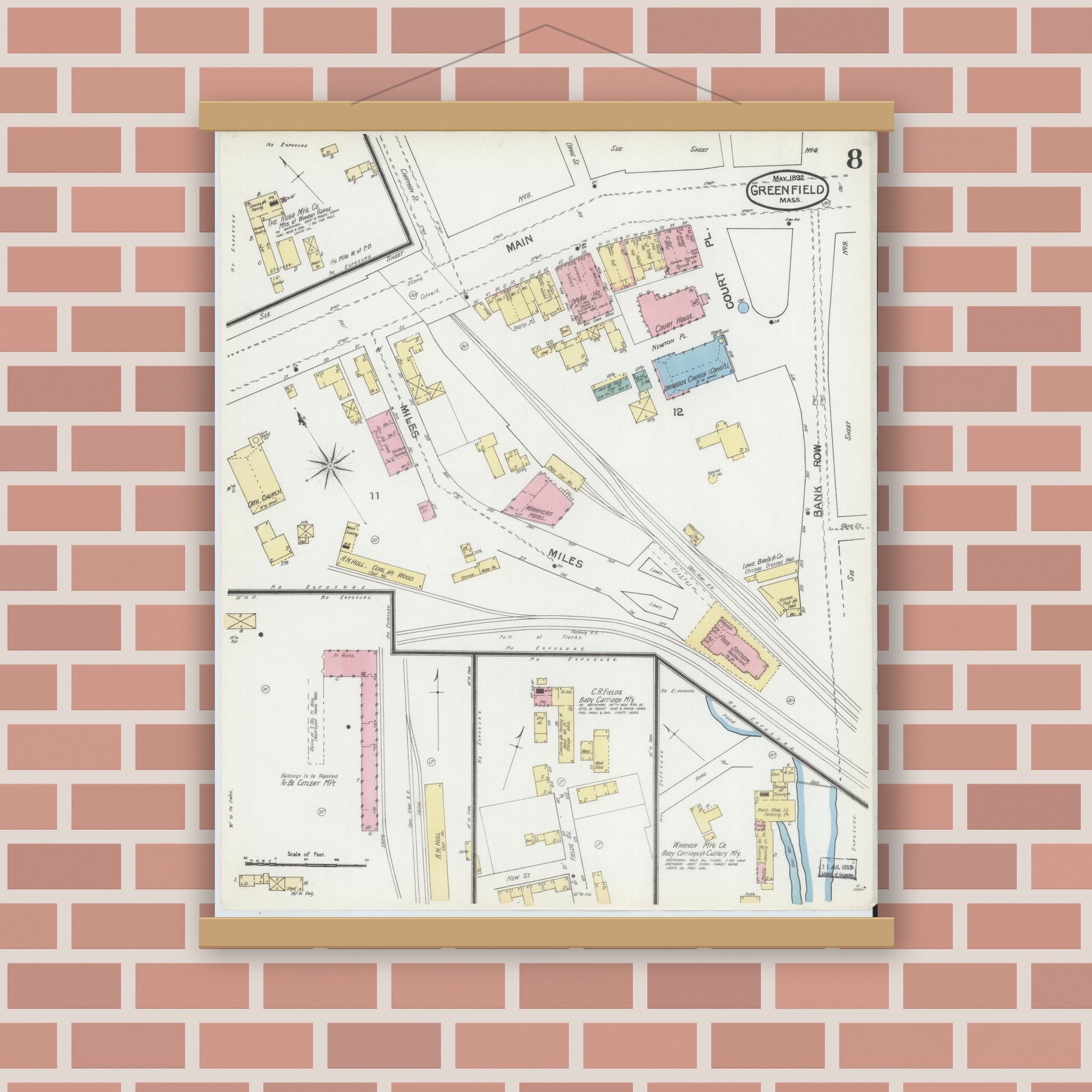 Old map wall art mockup — magnetic wood frame on brick wall — Sanborn Fire Insurance Map from Greenfield, Franklin County, Massachusetts (1892), Sheet #0008