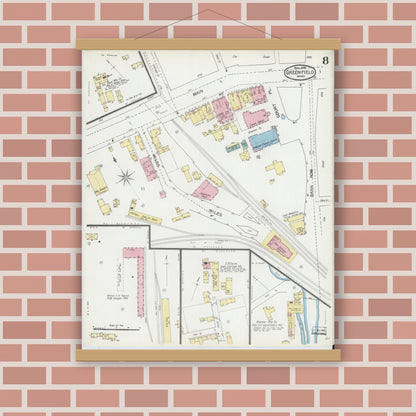 Old map wall art mockup — magnetic wood frame on brick wall — Sanborn Fire Insurance Map from Greenfield, Franklin County, Massachusetts (1892), Sheet #0008