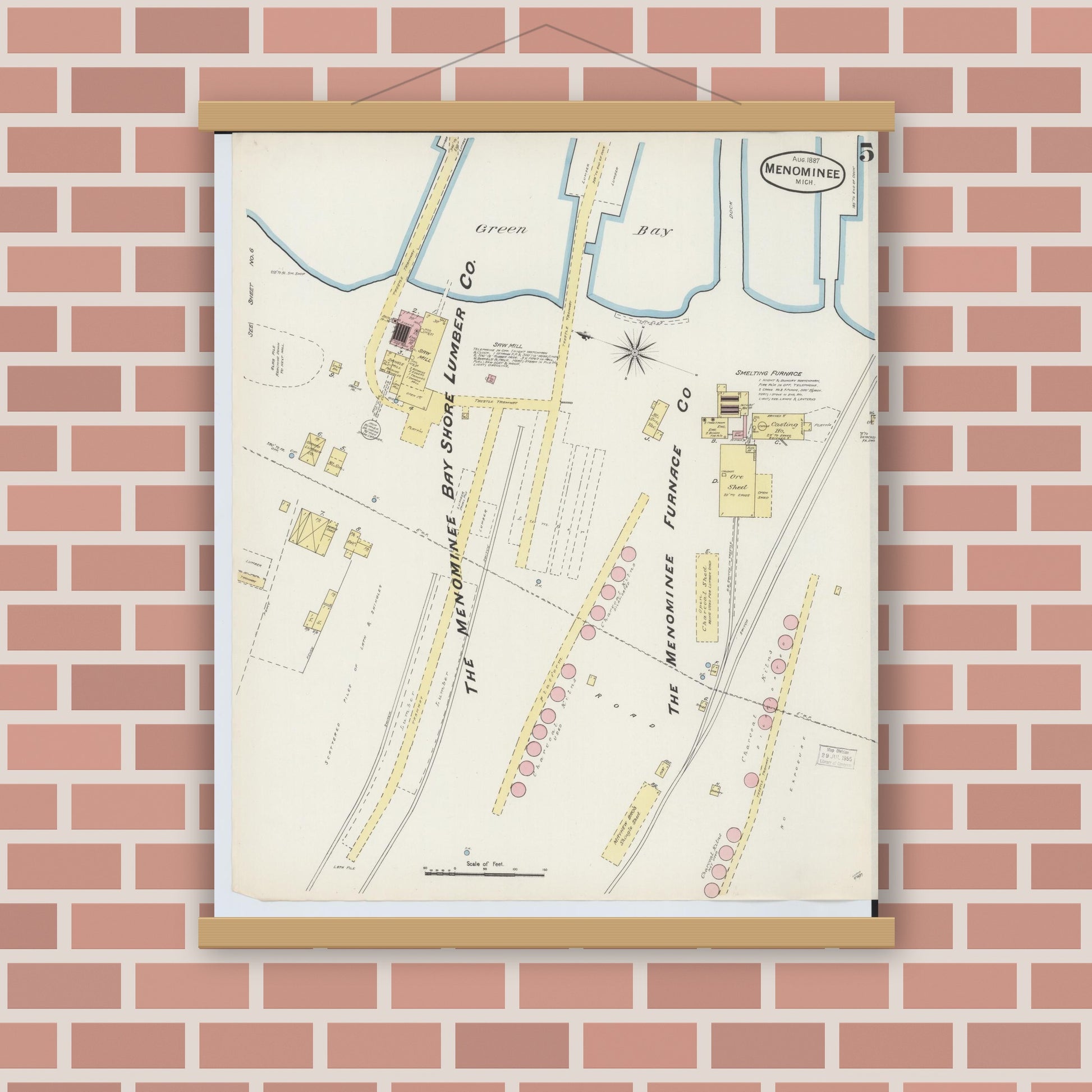 Old map wall art mockup — magnetic wood frame on brick wall — Sanborn Fire Insurance Map from Menominee, Menominee County, Michigan (1887), Sheet #0005