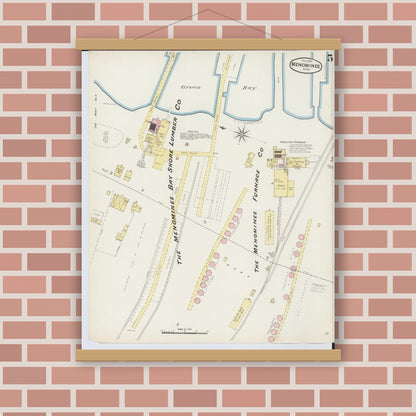 Old map wall art mockup — magnetic wood frame on brick wall — Sanborn Fire Insurance Map from Menominee, Menominee County, Michigan (1887), Sheet #0005