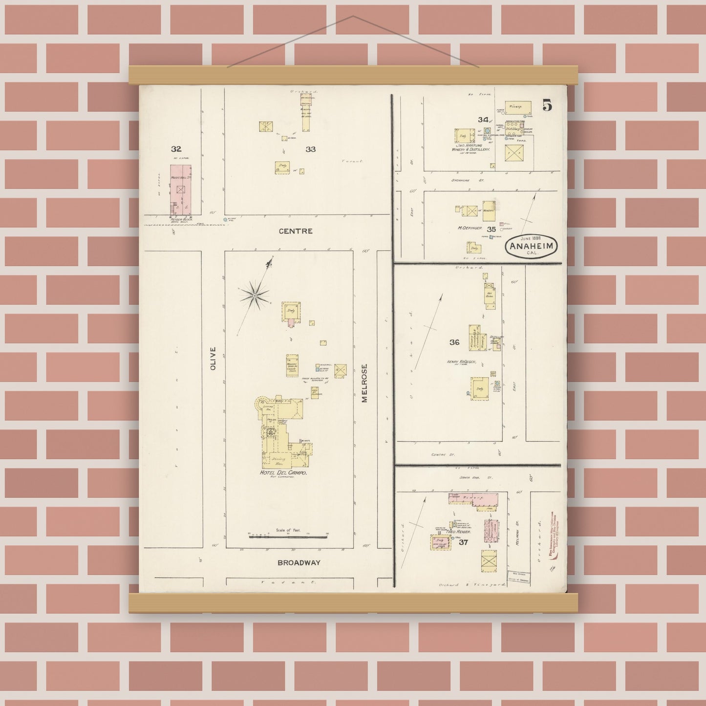 Old map wall art mockup — magnetic wood frame on brick wall — Sanborn Fire Insurance Map from Anaheim, Orange County, California (1888), Sheet #0005