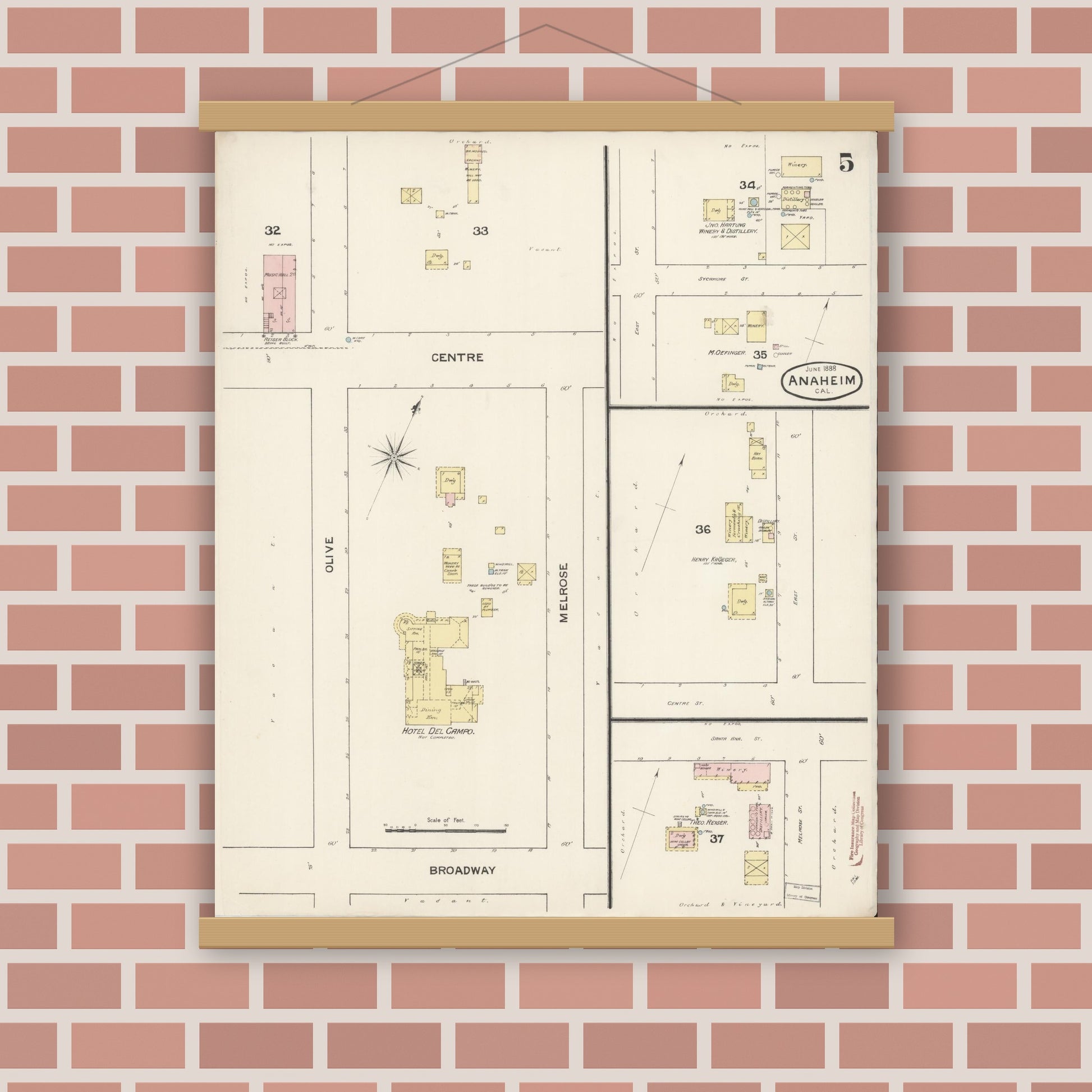 Old map wall art mockup — magnetic wood frame on brick wall — Sanborn Fire Insurance Map from Anaheim, Orange County, California (1888), Sheet #0005