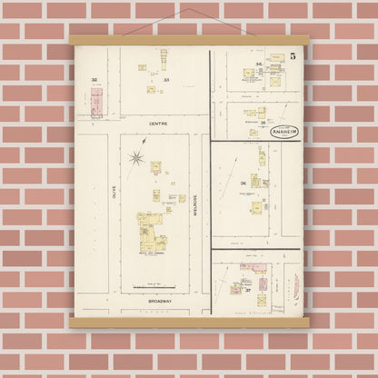 Old map wall art mockup — magnetic wood frame on brick wall — Sanborn Fire Insurance Map from Anaheim, Orange County, California (1888), Sheet #0005