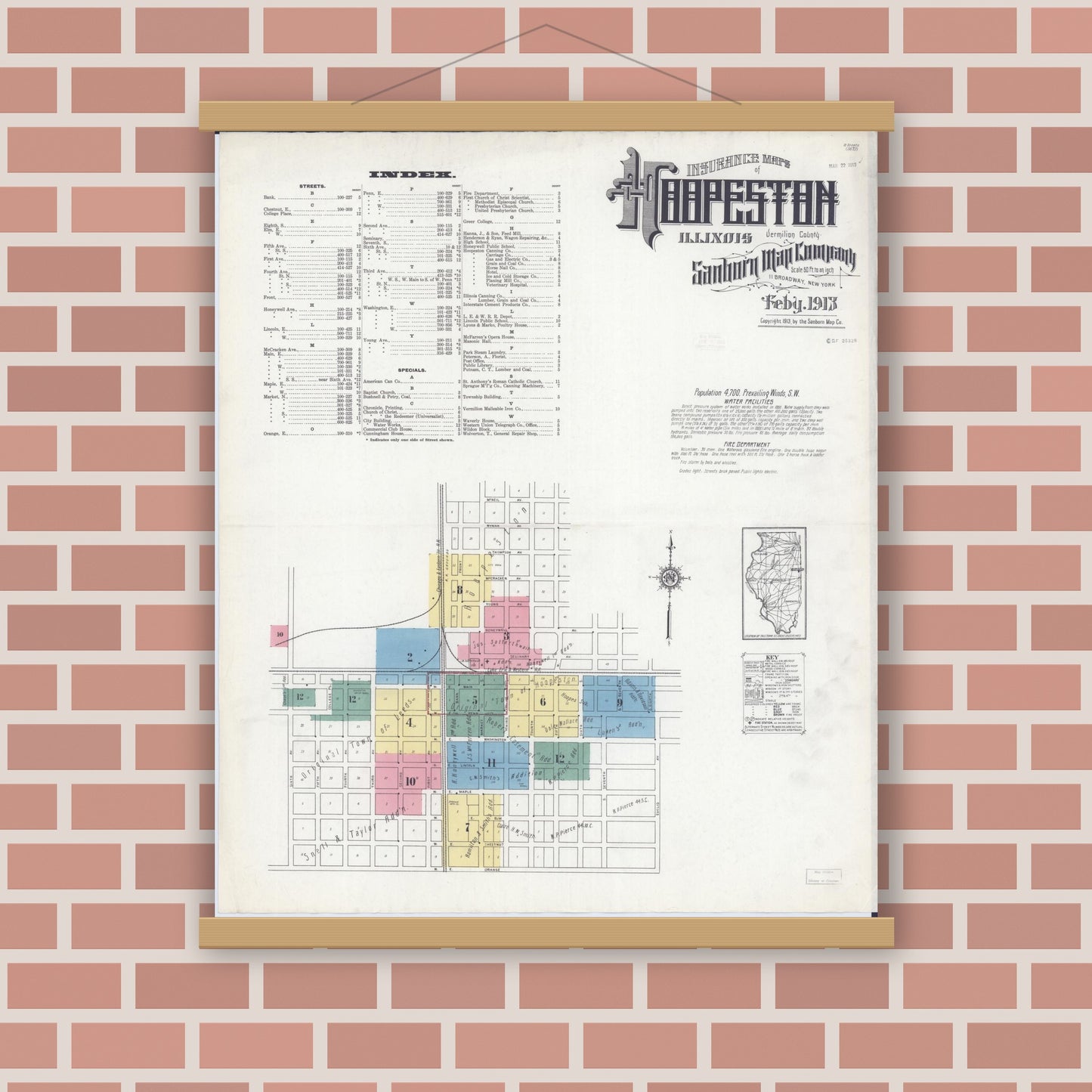 Old map wall art mockup — magnetic wood frame on brick wall — Sanborn Fire Insurance Map from Hoopeston, Vermilion County, Illinois (1913) - Complete Map Set