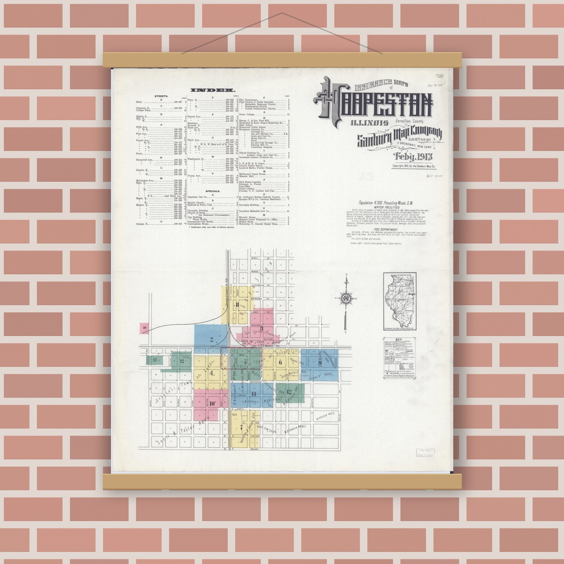Old map wall art mockup — magnetic wood frame on brick wall — Sanborn Fire Insurance Map from Hoopeston, Vermilion County, Illinois (1913) - Complete Map Set