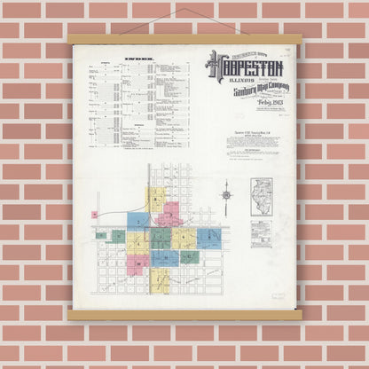 Old map wall art mockup — magnetic wood frame on brick wall — Sanborn Fire Insurance Map from Hoopeston, Vermilion County, Illinois (1913) - Complete Map Set