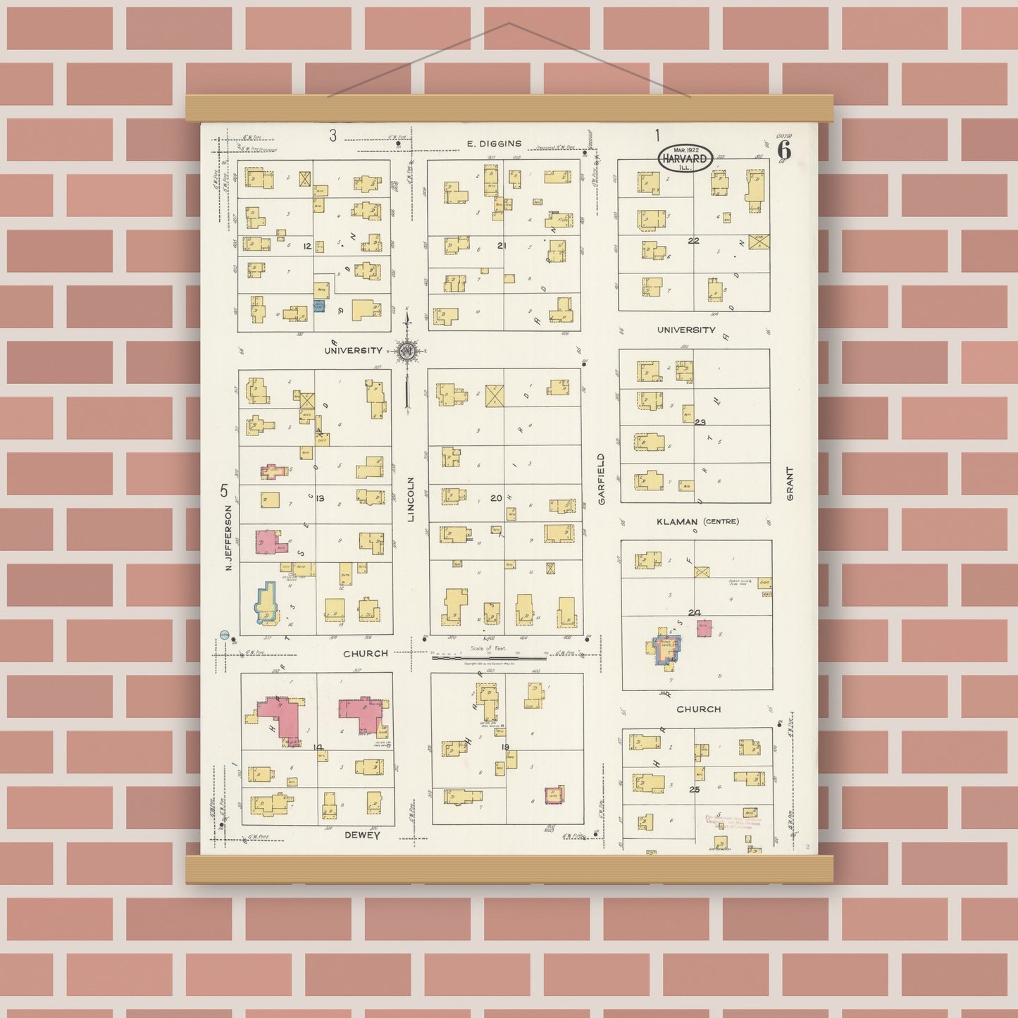 Old map wall art mockup — magnetic wood frame on brick wall — Sanborn Fire Insurance Map from Harvard, McHenry County, Illinois (1922), Sheet #0006