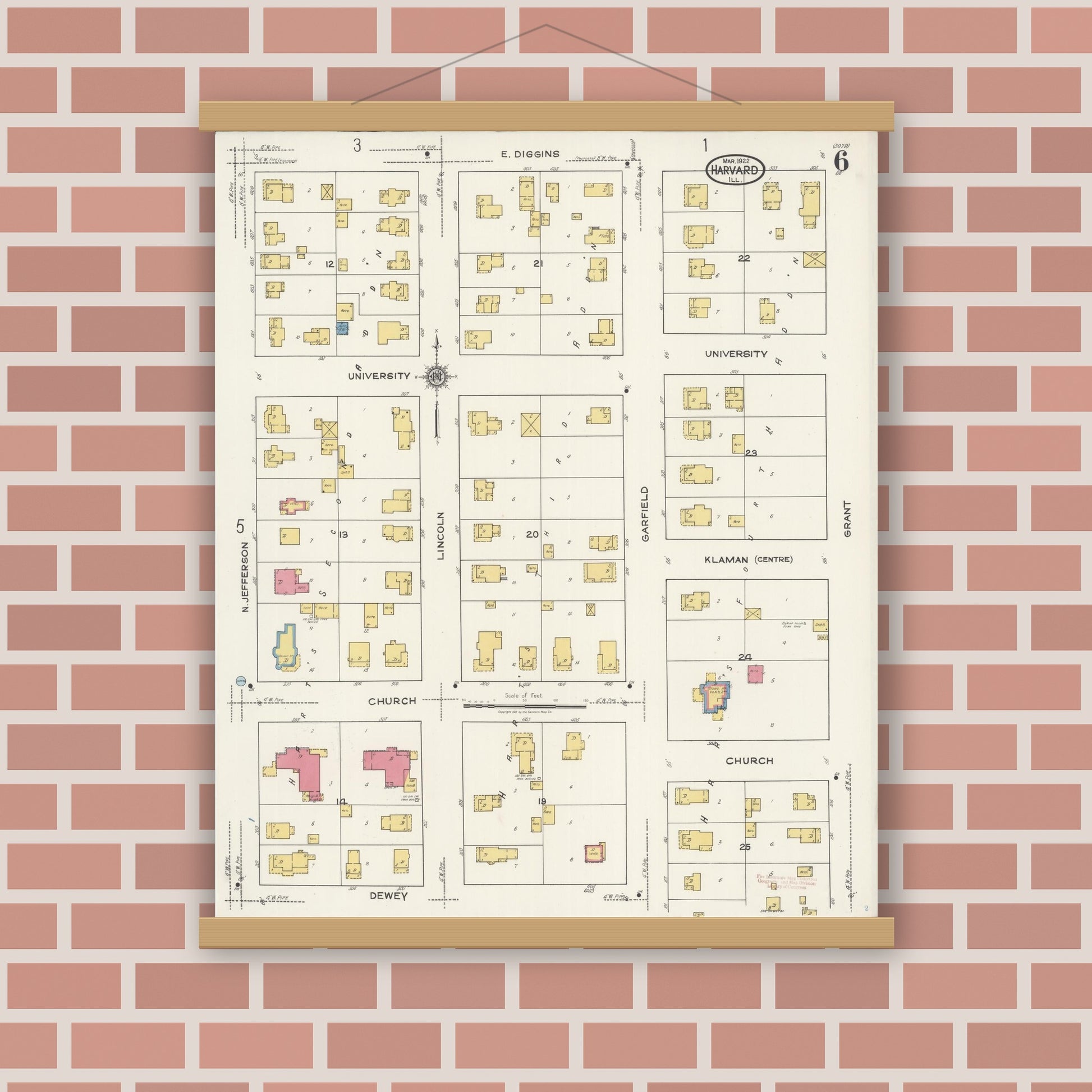 Old map wall art mockup — magnetic wood frame on brick wall — Sanborn Fire Insurance Map from Harvard, McHenry County, Illinois (1922), Sheet #0006